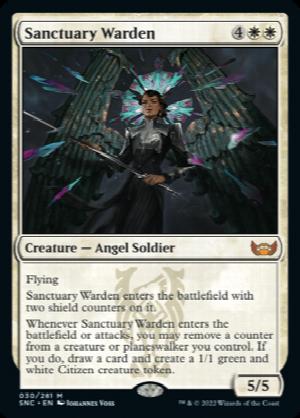 Sanctuary Warden
 Flying
Sanctuary Warden enters the battlefield with two shield counters on it.
Whenever Sanctuary Warden enters the battlefield or attacks, you may remove a counter from a creature or planeswalker you control. If you do, draw a card and create a 1/1 green and white Citizen creature token.